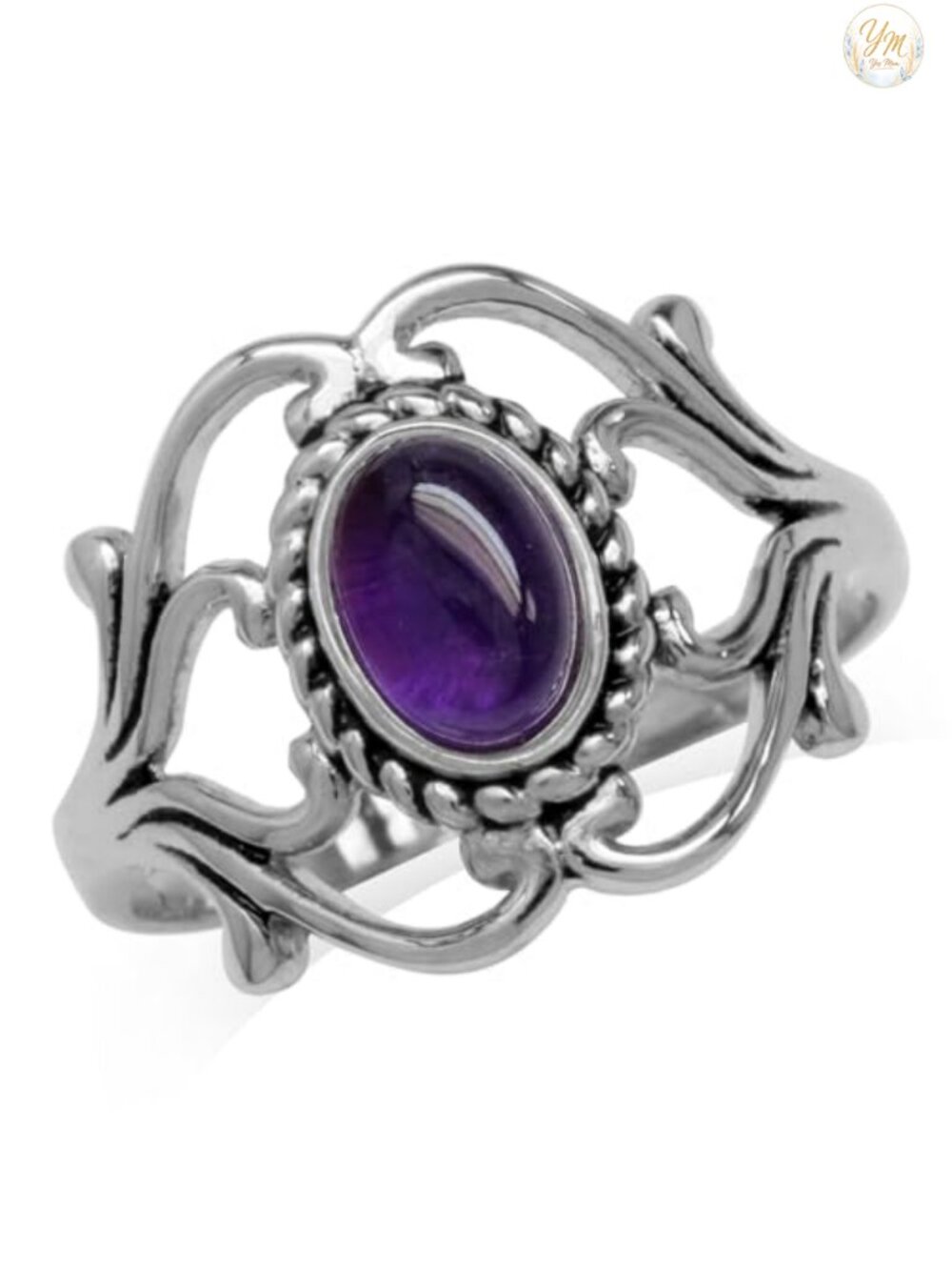Bezel Set Cabochon Amethyst White Gold Plated 925 Sterling Silver Victorian